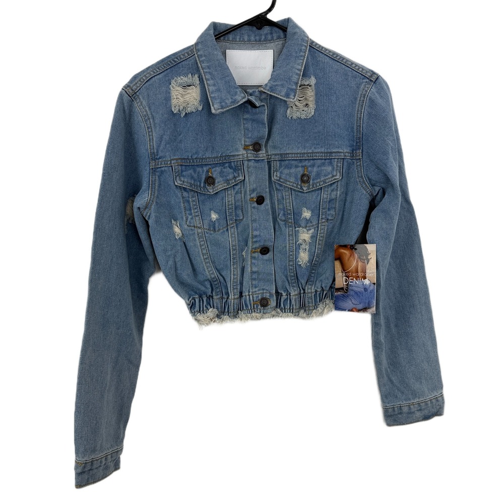 Naked Wardrobe Jacket Womens Small Blue Denim Distressed Bomber Cropped NWT